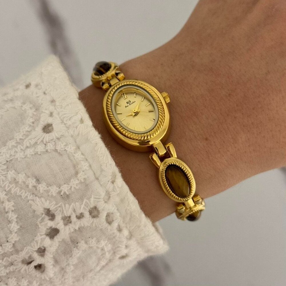 SKU:0478 Retro gold oval watch bracelet brown natural stones Stainless steel - Picture 3 of 5